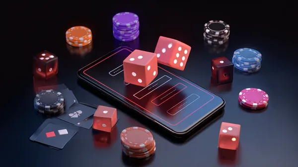 A woman smiling while playing online games on her laptop, surrounded by neon casino elements, showcasing MASAGANA’s diverse game collection.