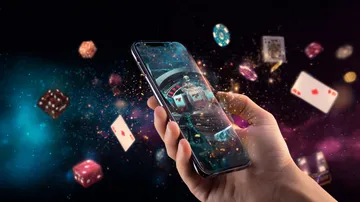 A woman smiling by bright slot machines showing lucky symbols, showcasing the exciting slot offerings at MASAGANA.